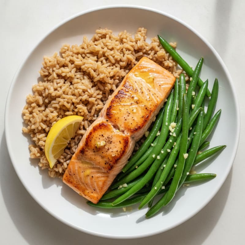 Seared Salmon with Garlic Green Beans and Brown Rice