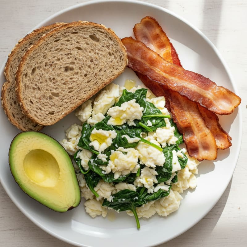 Crispy Turkey Bacon and Egg White Scramble with Spinach