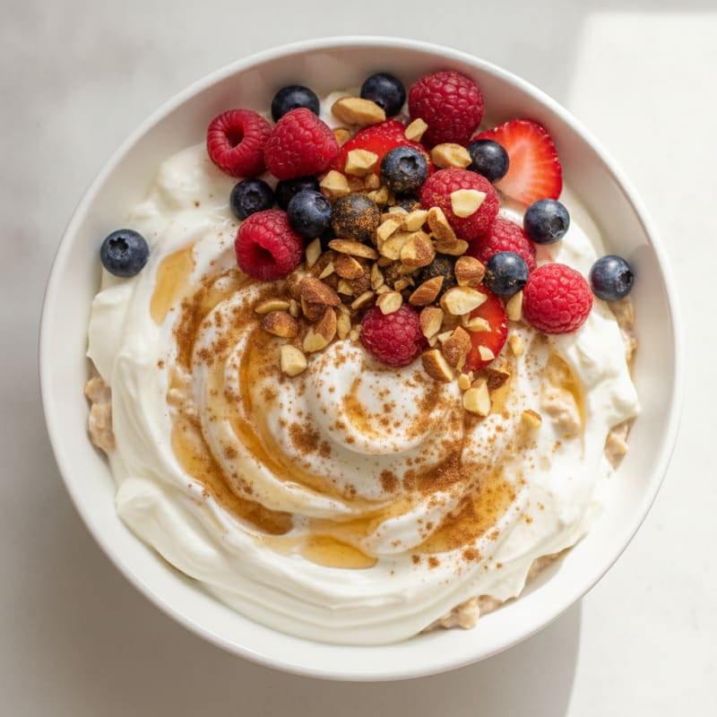 Creamy Greek Yogurt Oats with Chopped Almonds and Mixed Berries
