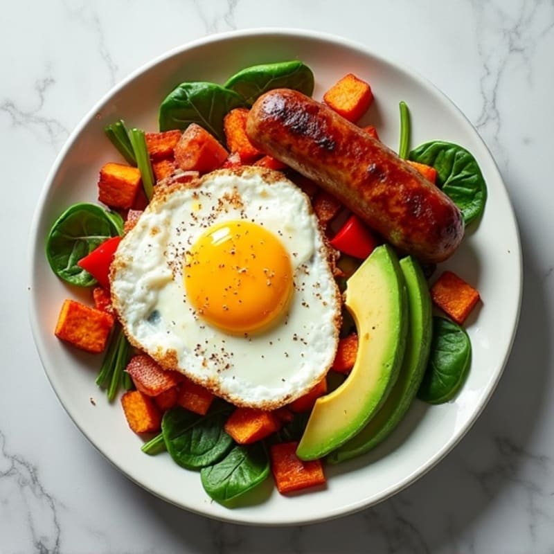 Crispy Sweet Potato Hash with Sunny Eggs & Turkey Sausage