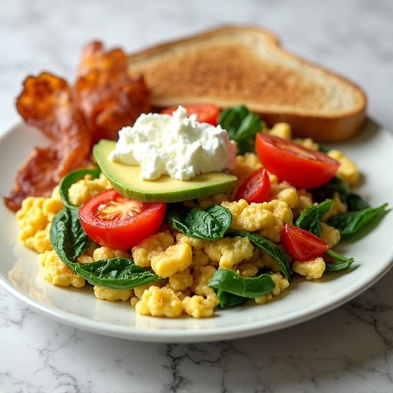 Egg White Veggie Scramble with Cottage Cheese and Turkey Bacon