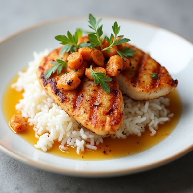 Grilled Chicken Breast with Steamed Rice and Kimchi Tuna