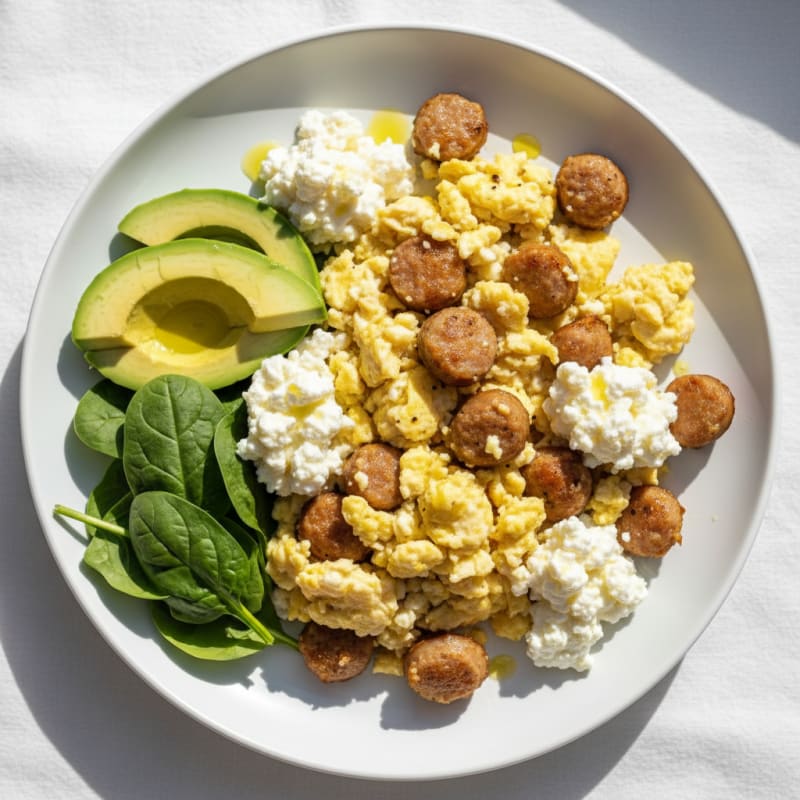 Egg White Scramble with Turkey Sausage and Cottage Cheese