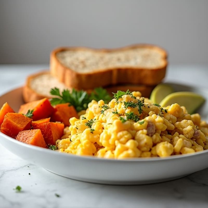 Egg White Scramble with Turkey Sausage and Roasted Sweet Potatoes