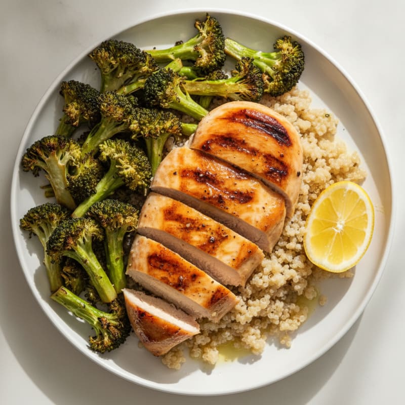 Grilled Chicken Breast with Quinoa and Roasted Broccoli