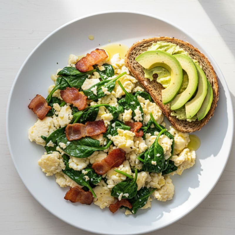 Crispy Turkey Bacon and Egg White Scramble with Spinach