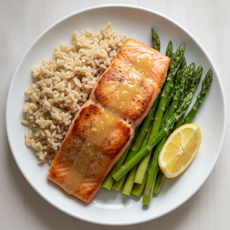 Seared Salmon Fillet with Steamed Asparagus and Brown Rice