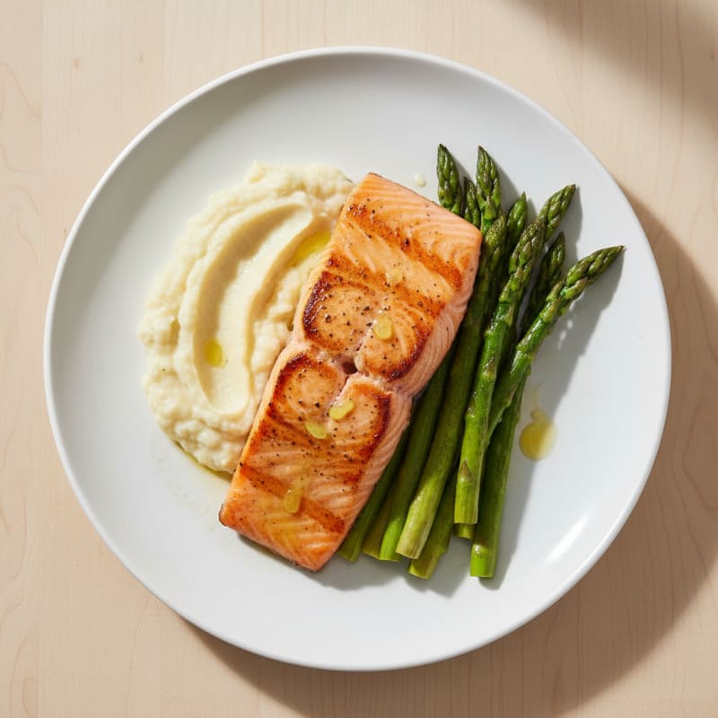 Grilled Salmon Fillet with Steamed Asparagus and Cauliflower Mash