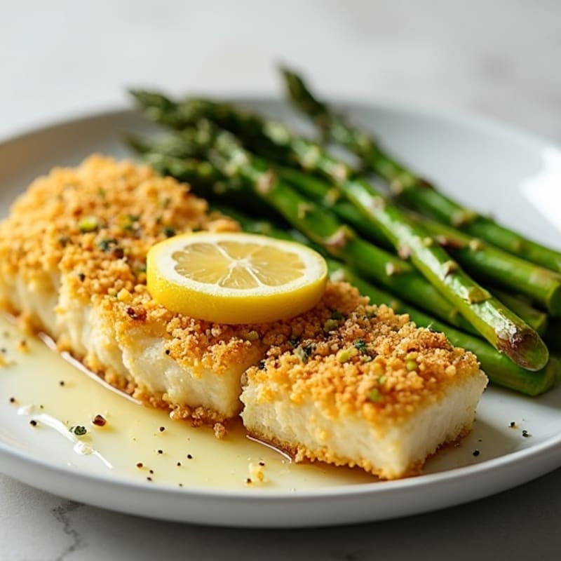 Crispy Pistachio-Crusted Cod with Roasted Asparagus and Lemon