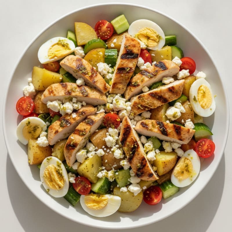 Grilled Chicken and Potato Salad with Cucumber and Olive Oil Vinaigrette