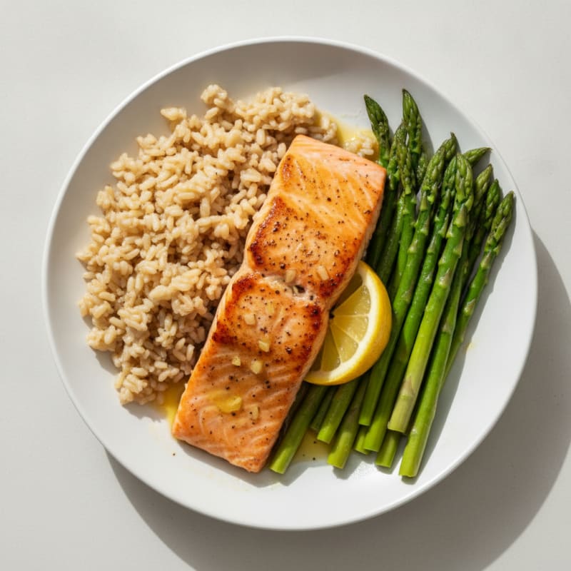 Seared Salmon with Steamed Asparagus and Brown Rice