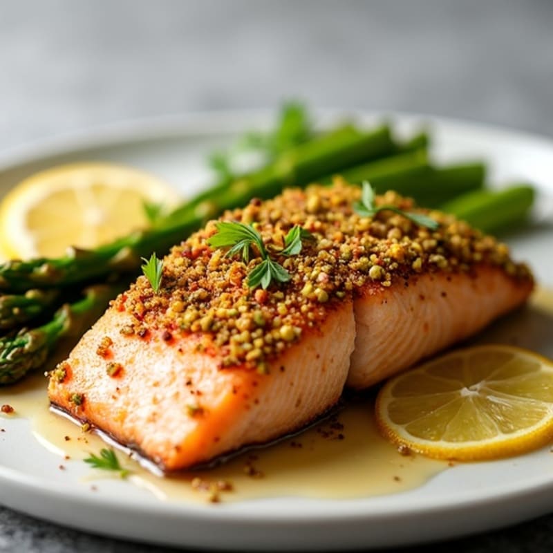 Crispy Pistachio-Crusted Salmon with Lemon-Garlic Roasted Asparagus