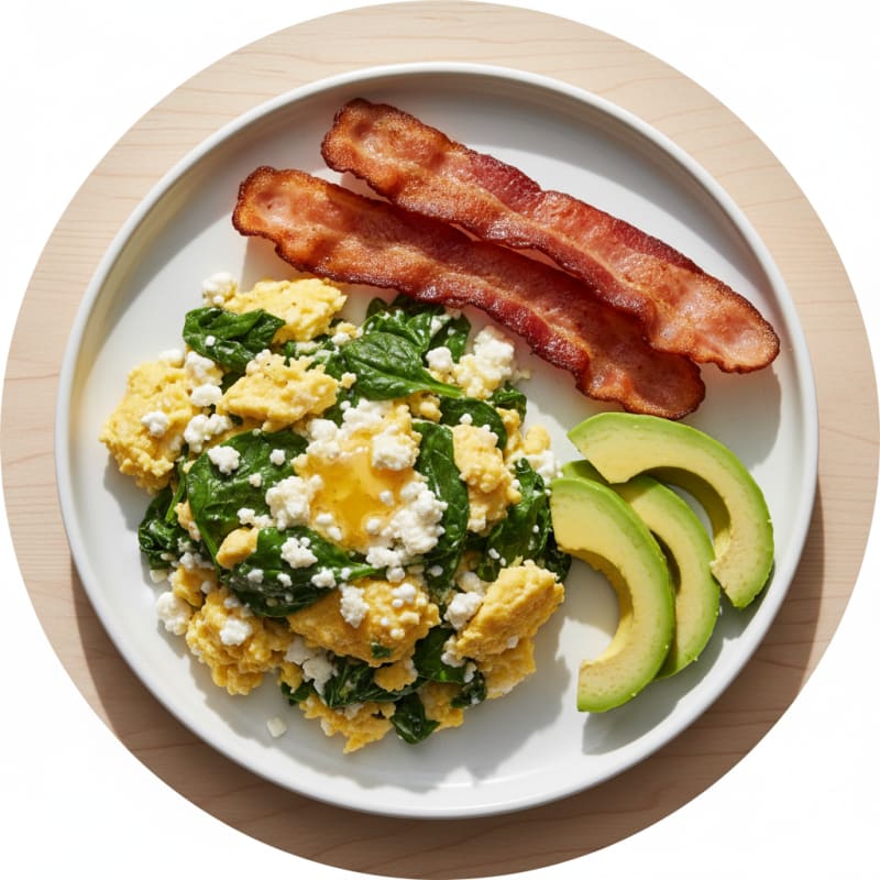 Cottage Cheese Egg Scramble with Spinach and Turkey Bacon