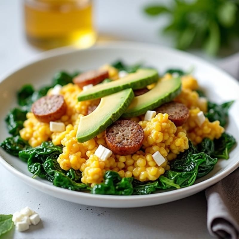 Egg White and Turkey Sausage Scramble with Sautéed Spinach
