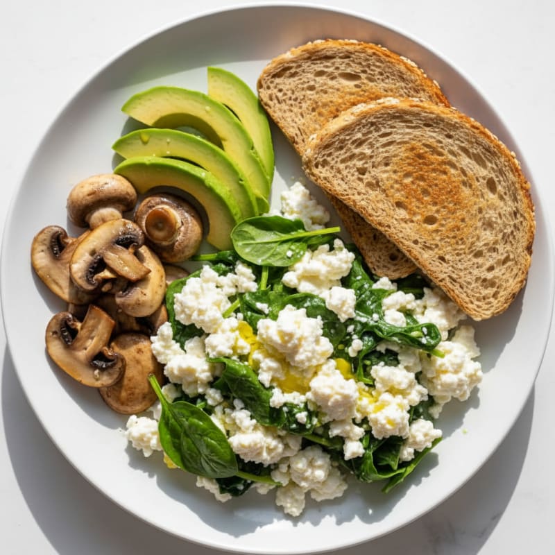 Cottage Cheese and Egg White Scramble with Spinach and Sautéed Mushrooms