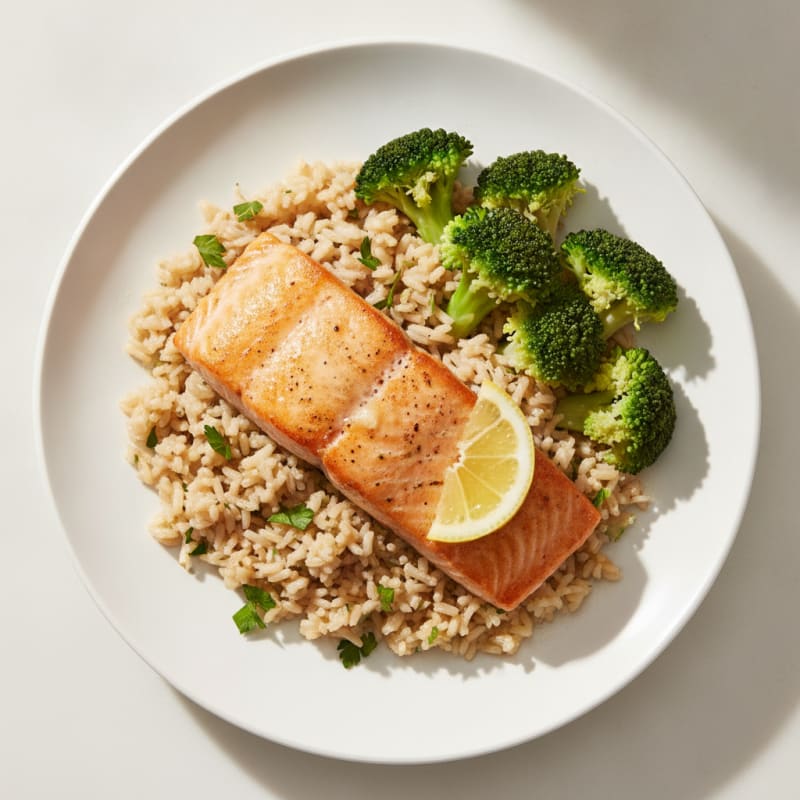 Pan-Seared Salmon with Herb Rice and Steamed Broccoli