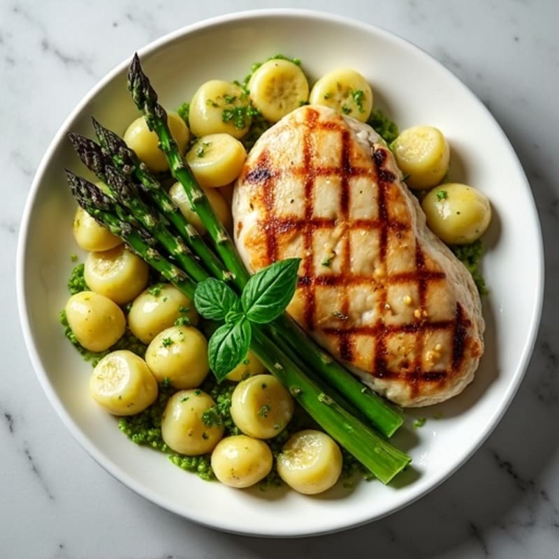 Soft Potato Gnocchi with Fresh Basil Pesto and Roasted Asparagus (with Grilled Chicken)