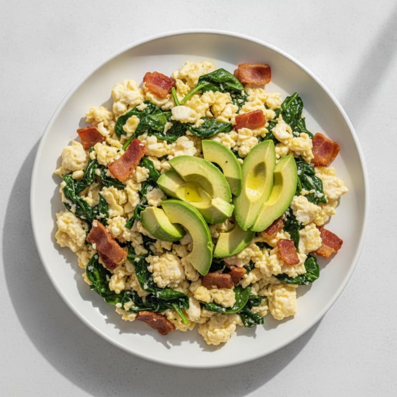 Crispy Turkey Bacon Egg White Scramble with Sautéed Spinach