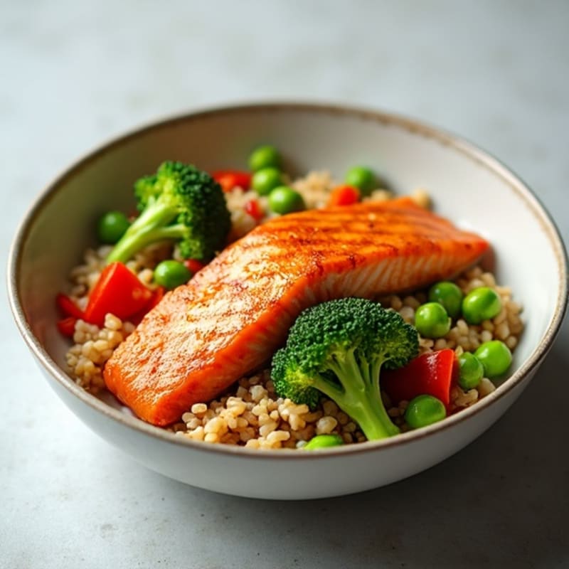 Salmon and Crispy Vegetable Rice Bowl with Zesty Ginger Dressing