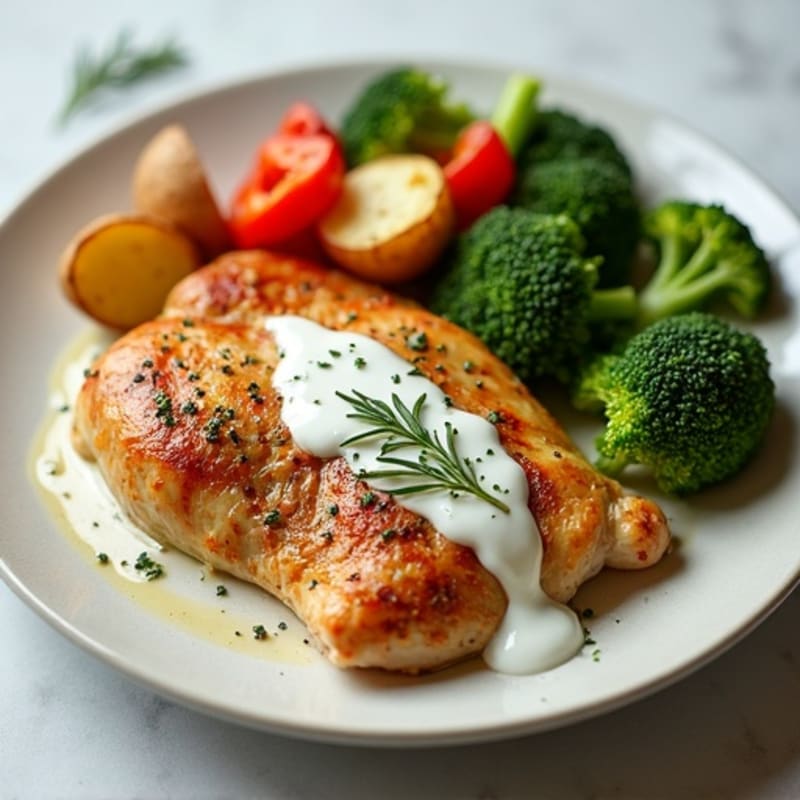 Herb-Spiced Roasted Chicken with Creamy Garlic Sauce and Fresh Vegetables