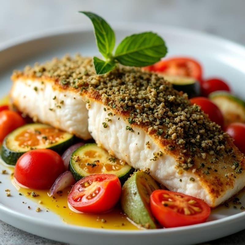 Herb-Crusted Baked Cod with Roasted Mediterranean Vegetables