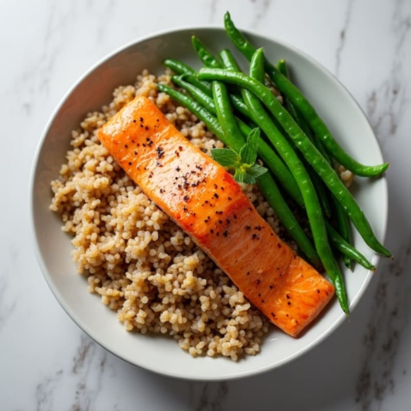 Seared Salmon with Garlic Green Beans and Brown Rice