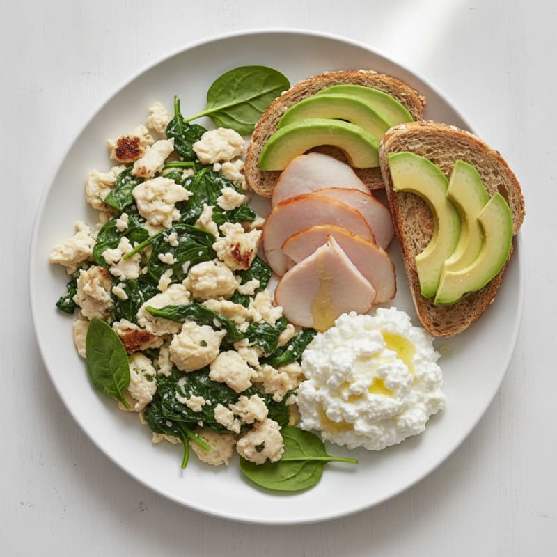 Egg White and Spinach Scramble with Cottage Cheese and Sliced Turkey