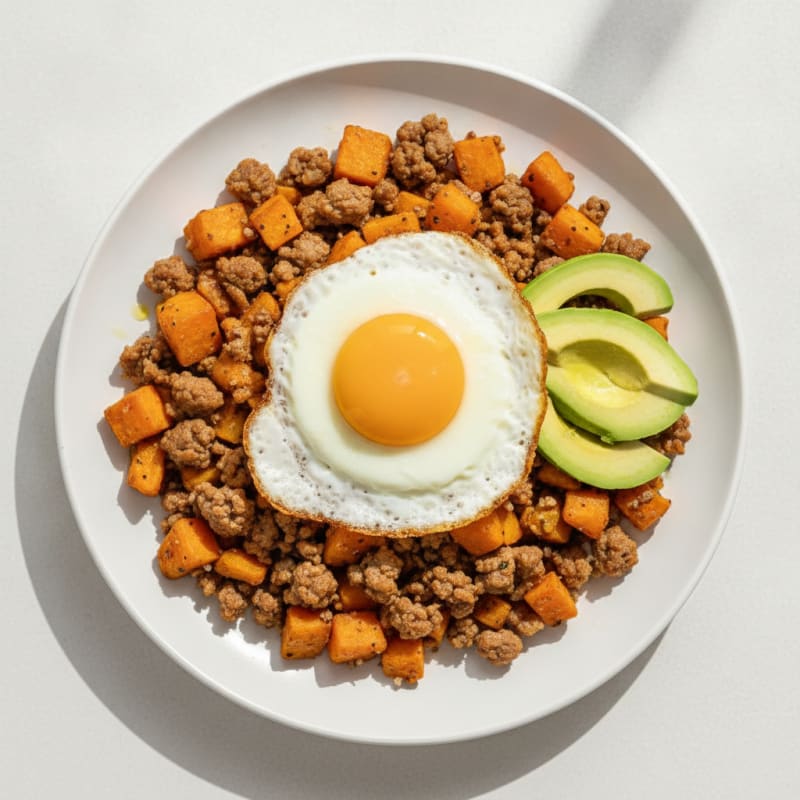 Minced Beef and Sweet Potato Hash with Avocado