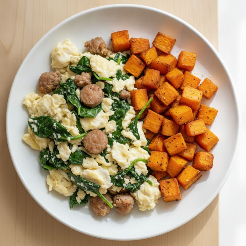Egg White and Turkey Sausage Scramble with Spinach and Roasted Sweet Potato