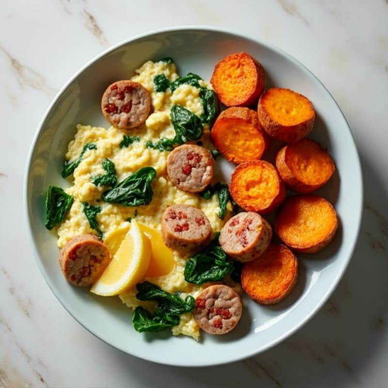 Egg White and Turkey Sausage Scramble with Spinach and Roasted Sweet Potatoes