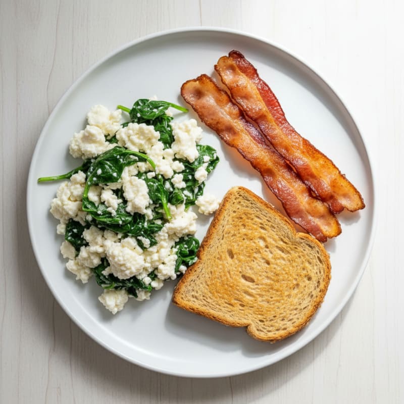 Cottage Cheese Egg White Scramble with Spinach and Turkey Bacon