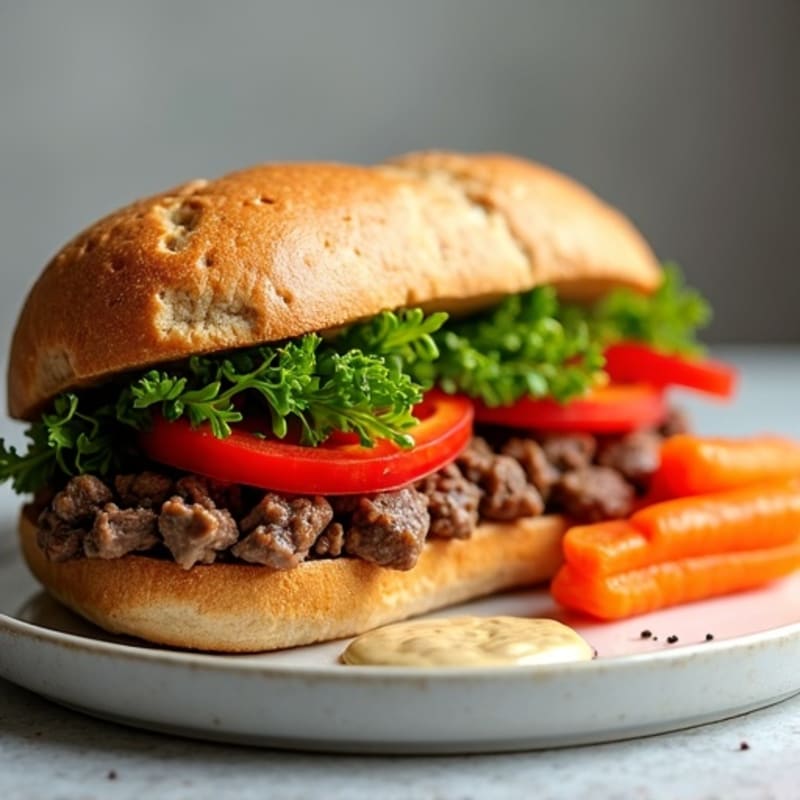Lean Beef and Pepper Sandwiches with Pickled Carrots and Tahini Dip