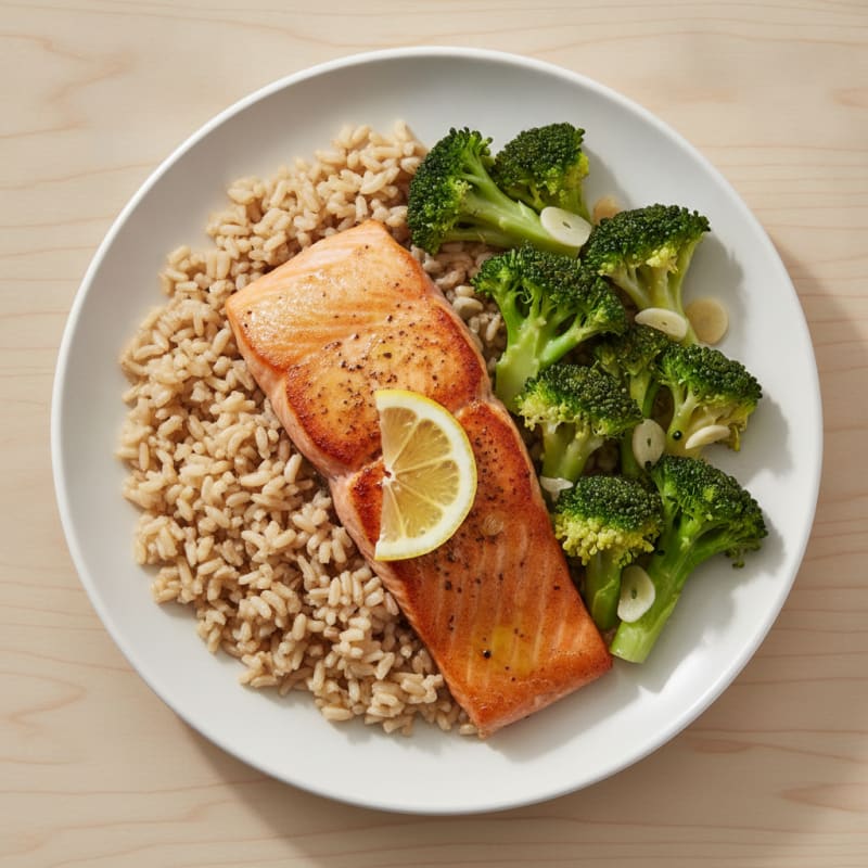 Seared Salmon Fillet with Garlic Broccoli and Brown Rice