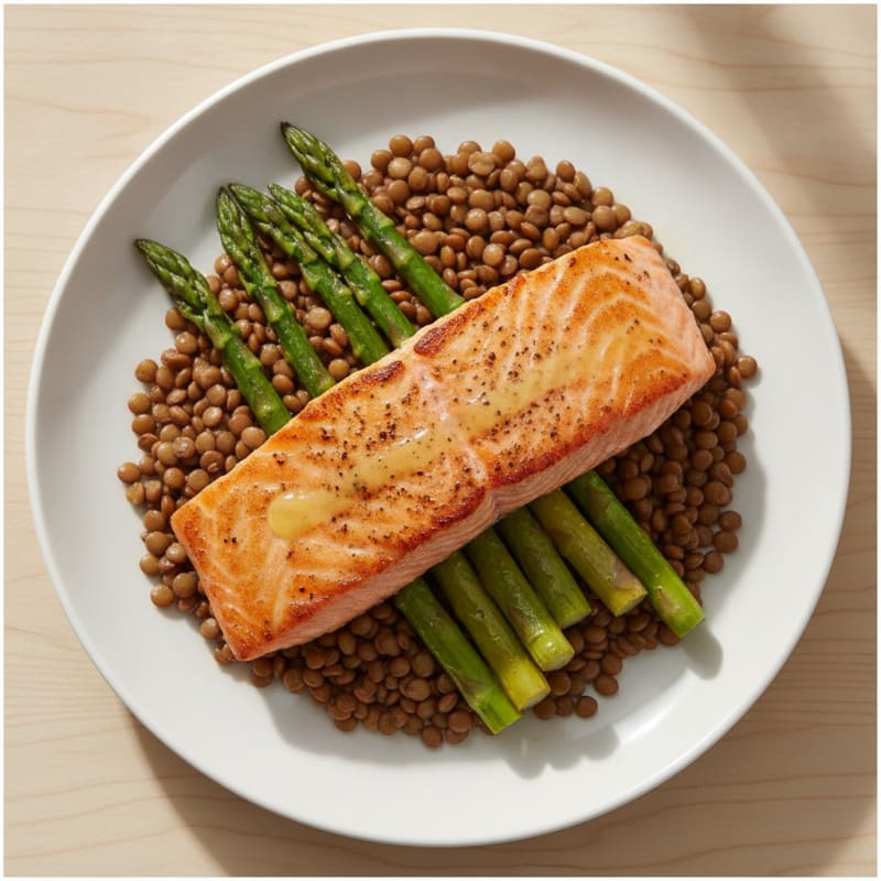 Seared Salmon Fillet with Roasted Asparagus and Lentils