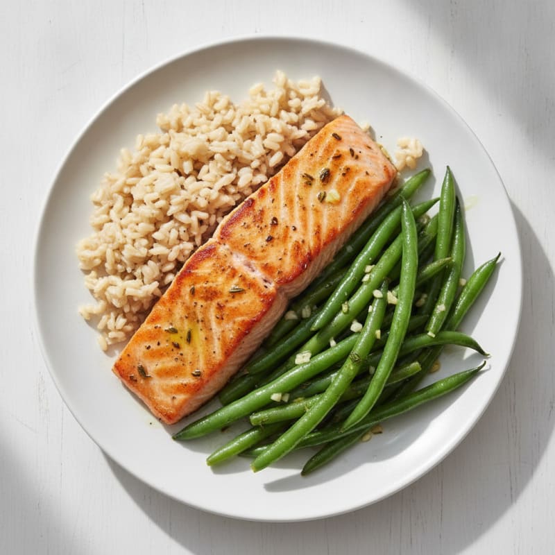 Seared Salmon with Garlic Green Beans and Brown Rice