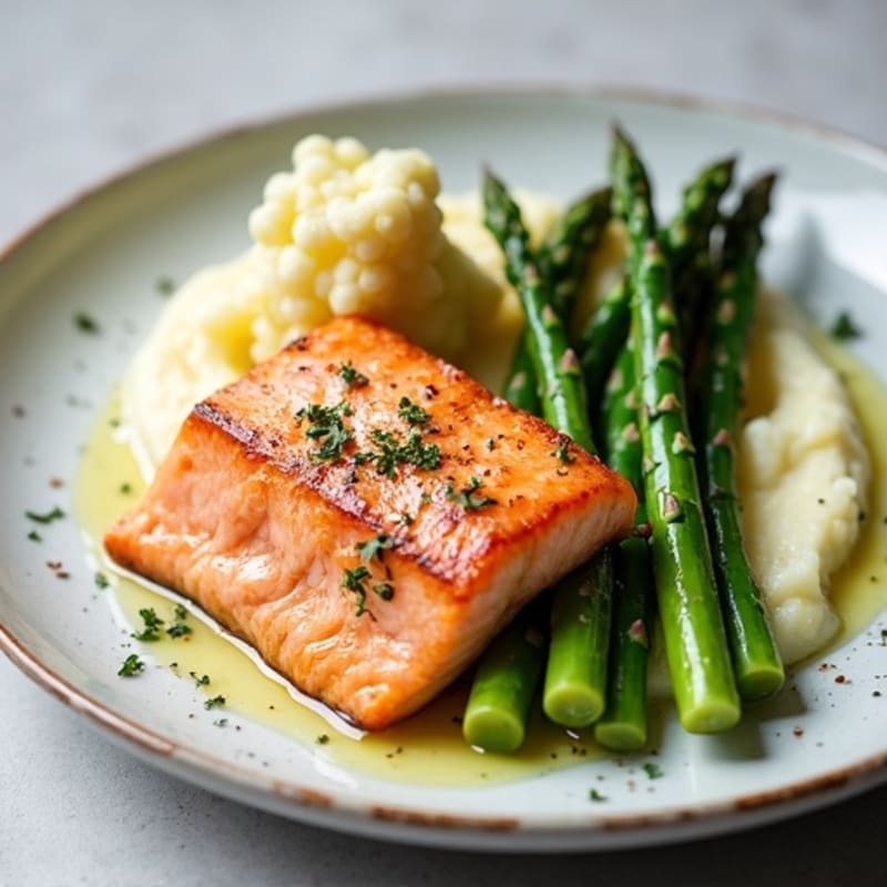Seared Salmon with Steamed Asparagus and Cauliflower Mash
