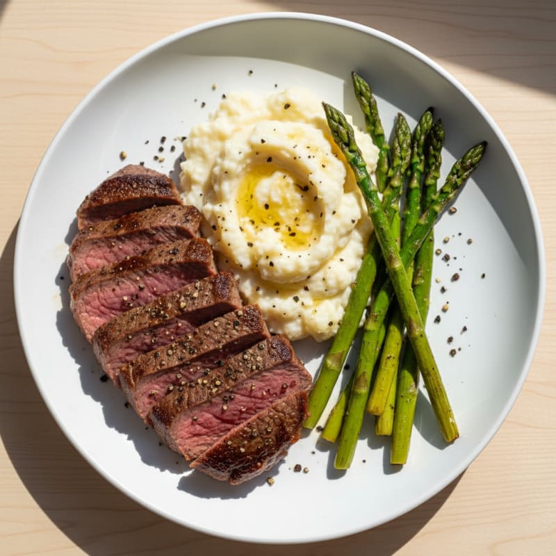 Seared Lean Beef with Roasted Asparagus and Cauliflower Mash