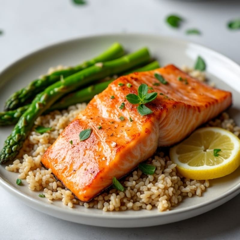 Seared Salmon with Steamed Asparagus and Brown Rice