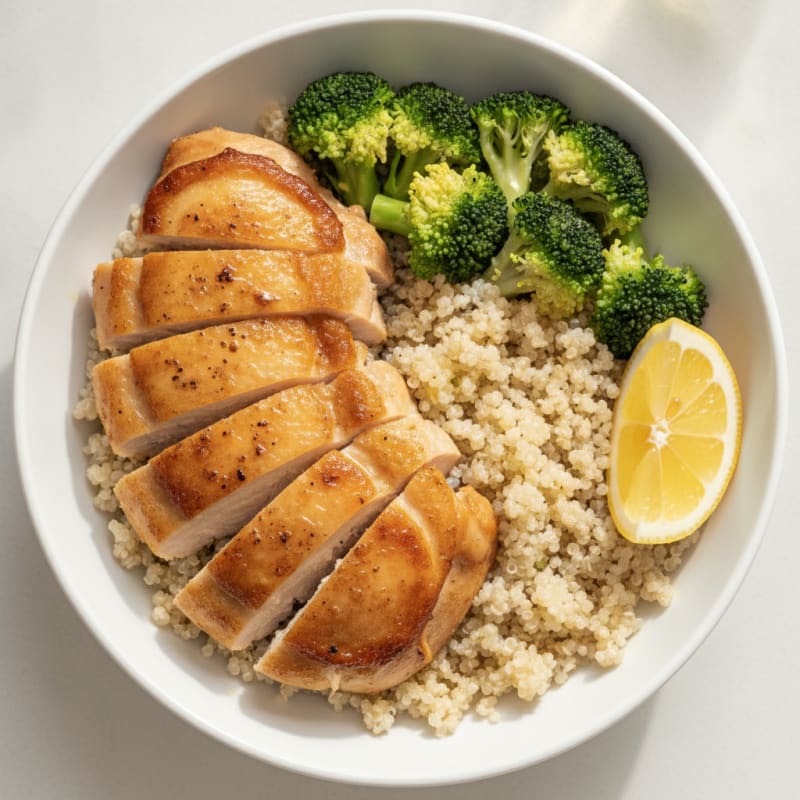 Seared Chicken Thighs with Steamed Broccoli and Quinoa