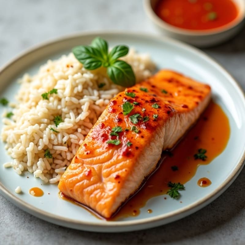Ginger-Glazed Salmon with Coconut Rice and Yum Yum Sauce