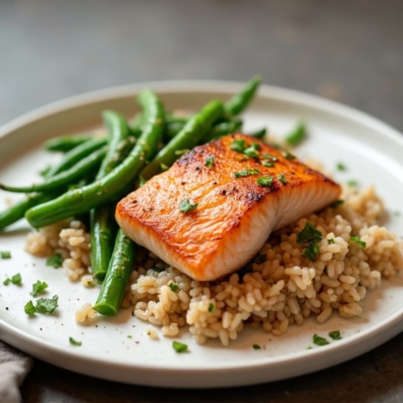 Seared Salmon Fillet with Garlic Green Beans and Brown Rice
