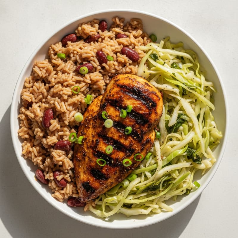 Jerk Chicken with Rice, Peas, and Cabbage