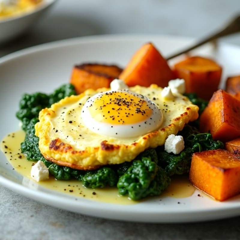 Egg White Spinach Scramble with Roasted Sweet Potato