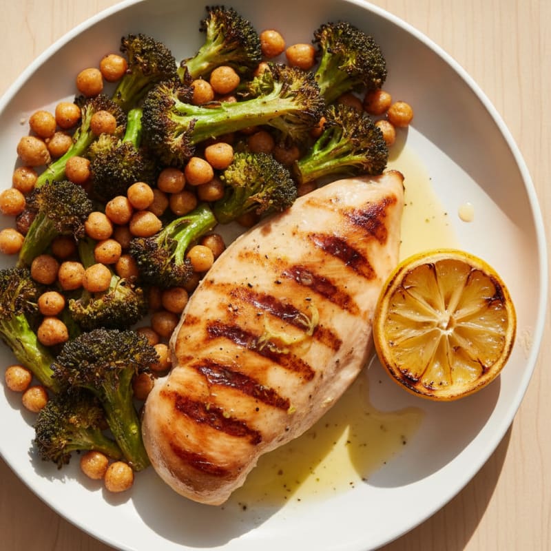 Grilled Chicken Breast with Roasted Broccoli and Chickpeas