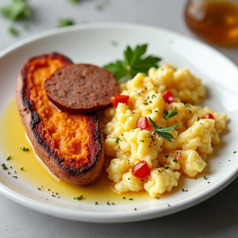 Egg White and Turkey Sausage Scramble with Roasted Sweet Potato