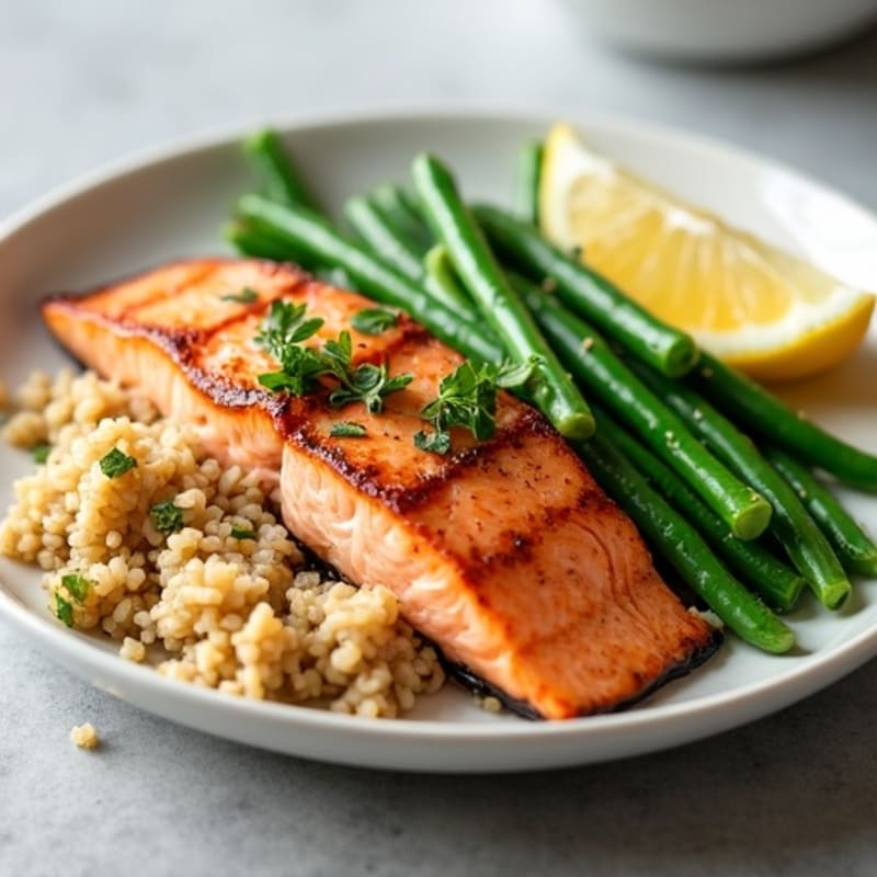 Seared Salmon Fillet with Steamed Green Beans and Brown Rice
