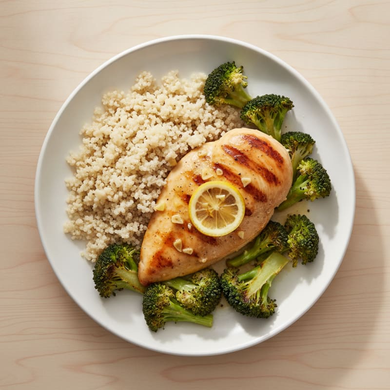Grilled Lemon-Garlic Chicken Breast with Quinoa and Roasted Broccoli