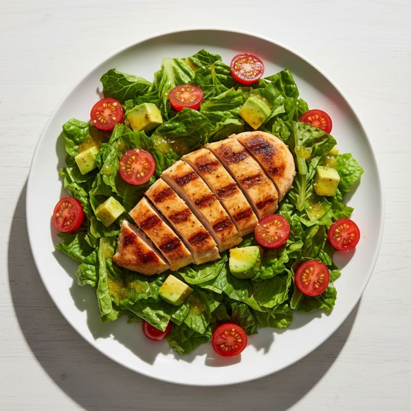 Grilled Chicken Breast with Crisp Romaine and Cherry Tomato Salad