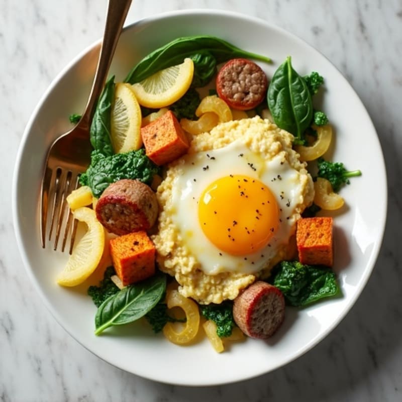Egg White Spinach Scramble with Turkey Sausage and Roasted Sweet Potato