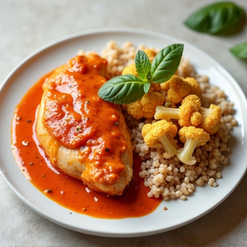 Creamy Tomato Chicken with Spiced Cauliflower and Brown Rice